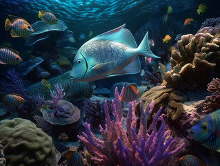 Discover the Wonders of the Deep: A Colorful Underwater World with Reef Fish and Whales. Generative AI