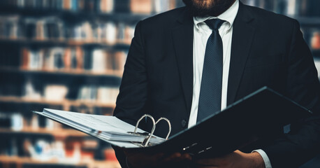Sharp-suited businessman reviews and works on financial reports and paperwork with focused attention in his office with background of bookshelf in library. Equilibrium
