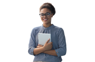 Attractive african american business woman looking at camera and smiling while standing on a transparent background