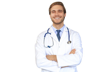 Handsome friendly young doctor on a transparent background looking at camera, smiling.