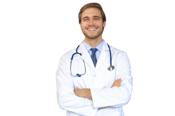 Handsome friendly young doctor on a transparent background looking at camera, smiling.