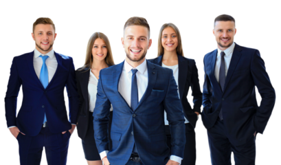 Happy smart business man with team mates discussing on a transparent background