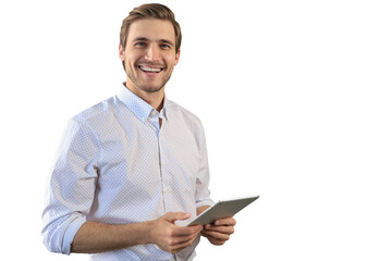 Handsome businessman using his tablet standing on a transparent background - 597708184