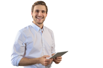Handsome businessman using his tablet standing on a transparent background