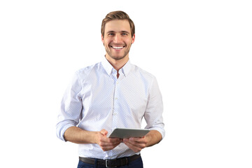 Handsome businessman using his tablet standing on a transparent background