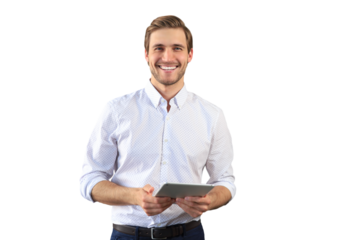 Handsome businessman using his tablet standing on a transparent background