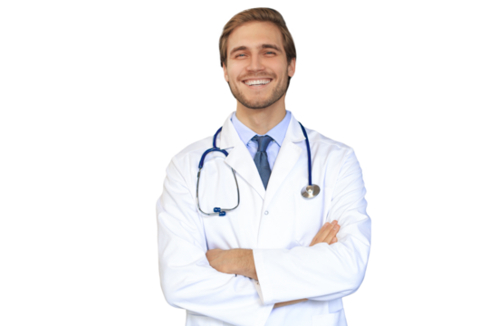 Handsome friendly young doctor on a transparent background looking at camera, smiling.