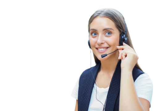 Portrait of call center worker accompanied by his team. Smiling customer support operator at work on a transparent background