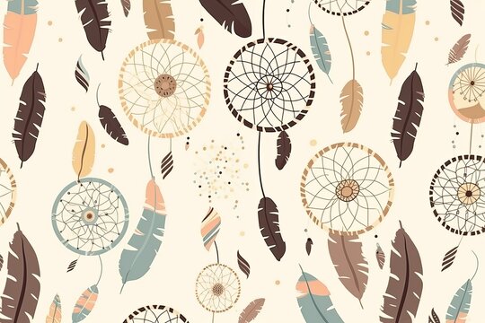 simple seamless vector pattern with boho dreamcatchers and feather with white background. flat style, seamless background with flowers, seamless pattern with birds, Generative AI