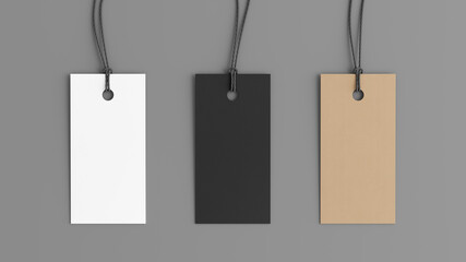 White, cardboard, black rectangular tags mockup on gray background. View directly above