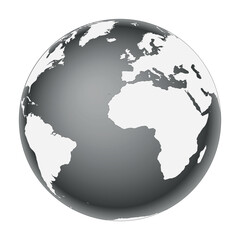 Earth globe - world map with continents on planet Earth, black and white vector illustration