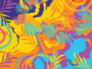 Colorful textured pop modern artsy cmyk vector background with leaves and polka dots decorations isolated on landscape horizontal template. Vector wallpaper backdrop for social media post or prints.