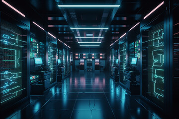 A dark server room with pink and light blue lighting elements, AI generated design