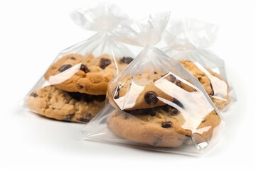 Cookies packages in cellophane on white background Generative AI - obrazy, fototapety, plakaty