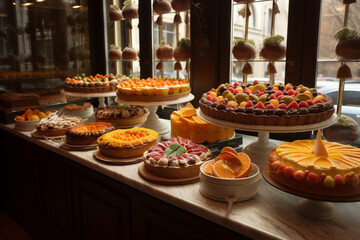 Fototapeta premium Traditional European bakery shop interior, cake pastry, éclair, citrus cake, pie, fruit tarts window display Generative AI