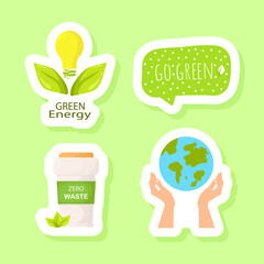 Environment sticker set. Cute vector note book label clip art. Go green, green energy quote, disposable cup, reuse concept.