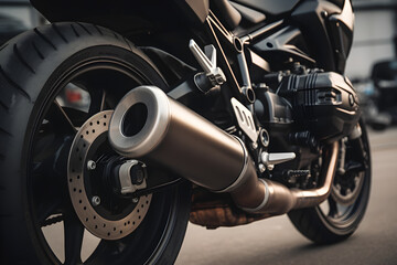 Fototapeta na wymiar Modern Motorcycle Nickel Plated Exhaust Pipe. Horizontal Image generated by AI.