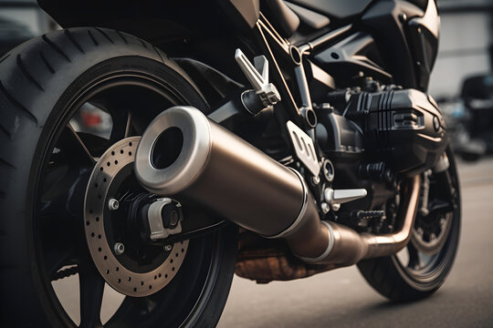 Modern Motorcycle Nickel Plated Exhaust Pipe. Horizontal Image generated by AI.