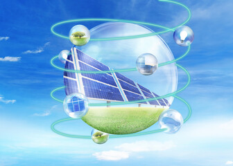 Solar panels on blue sky, solar power plant, blue solar panels, renewable energy source, solar farm in star view in orbit