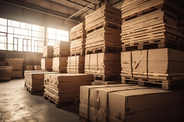 Retail Warehouse full of Shelves with Goods in Cardboard Boxes and Packages. Logistics, Sorting and Distribution Facility for Product Delivery generated by AI.