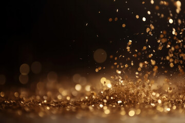 Fototapeta na wymiar Golden glitter particles on a dark backdrop with bokeh lights and shiny metallic texture. Festive decoration for celebration and luxury gala. AI Generative.