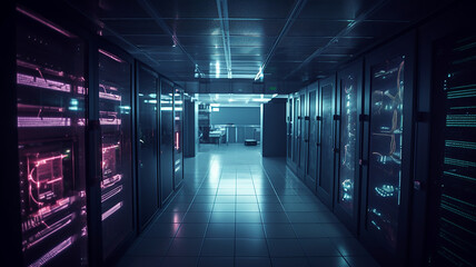Fototapeta premium A dark server room with light blue lighting elements, AI generated design