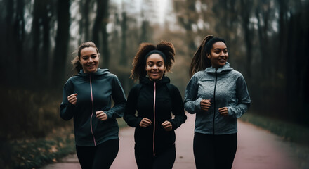 Fototapeta premium Group of female friends jogging in city park, enjoying healthy active lifestyle, Multi ethnic cultural background, shallow depth of field, Illustrative Generative AI. not real people.