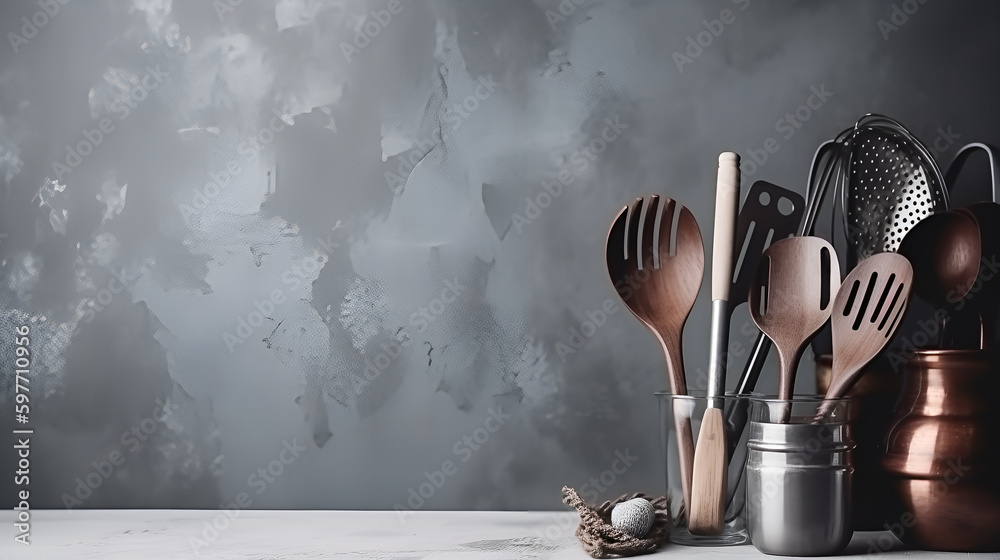 Wall mural Kitchen utensils background with a blank space for a text, home kitchen decor generated by AI.