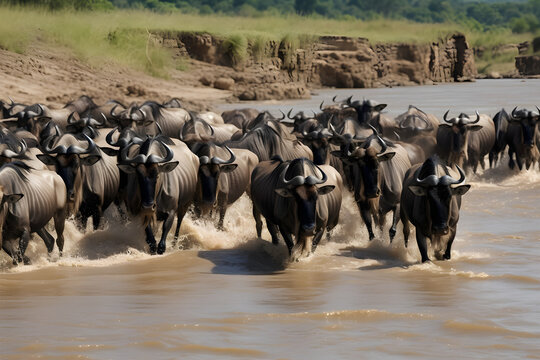 Wildebeest herd crossing the Mara River generated by AI.