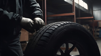 Dirt on the wheel. Mechanic holding a tire at the repair garage. Replacement of winter and summer tires generated by AI.