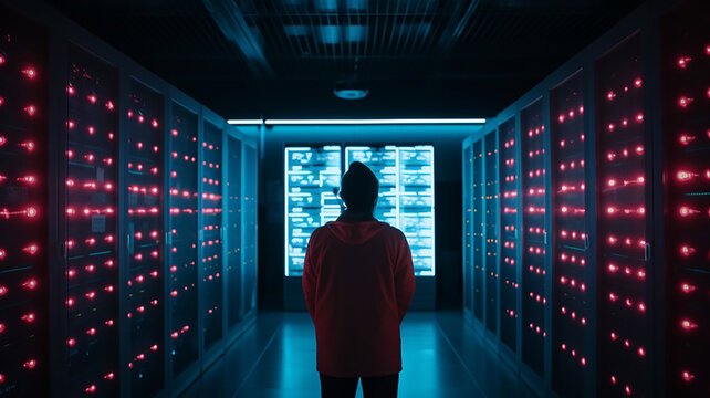 A person is standing in a futuristic server room, AI generated Design