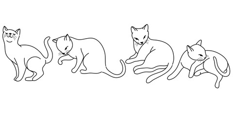 doodle Cat poses. Cartoon red fat striped cats emotions and behavior. Animal pet kitten playful, sleeping and scared. Cat body language vector set. Illustration pet cat, cute striped animal kitten.