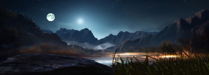 mountains in lagune with waterfal and tree at night bright moon and starry sky Aurora Borealis nature landscape ,generated ai