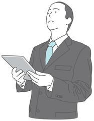 タブレット端末を持って考え事をしているスーツを着た男性