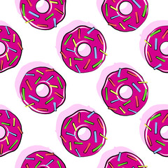 Donut sweet food vector seamless pattern, flat cartoon background template, fabric print, wallpaper design, tasty sugar baked glazed pastry card. Doodle simple drawing.
