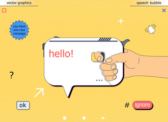 Creative speech bubble. Symbolizes various communication problems in social networks and the Internet. Cartoon message frame in the form of a gun in hand.