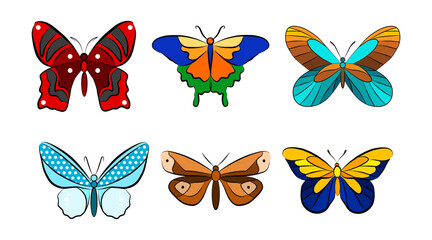 Naklejka na ściany i meble Butterfly animal colorful design element. Black outline contour icon set. Beautiful sticker template. Cartoon insect drawing.