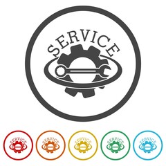 Gear Repair Service logo. Set icons in color circle buttons