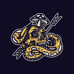 Hand drawn skull snake and mushroom illustration vector