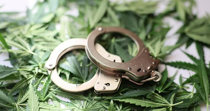 Handcuffs pair on heap of green cannabis leaves scattered on white surface. Responsibility for illegal drug. Imprisoning for narcotics producing
