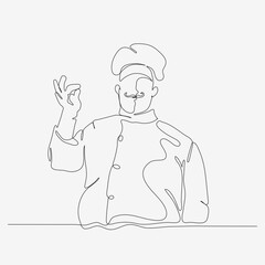 One continuous line of chef in mustache. Cute cooking character. Minimalist style vector illustration on white background.