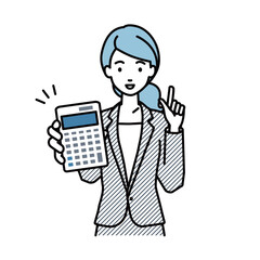 立って電卓を持ってこちらに向けて見せているスーツの女性
