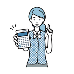 立って電卓を持ってこちらに向けて見せている事務員制服の女性