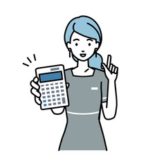 立って電卓を持ってこちらに向けて見せているエステ店員・受付・接客係の女性