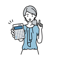 立って電卓を持ってこちらに向けて見せているオフィスカジュアルの女性