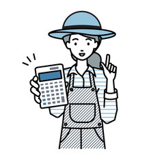 立って電卓を持ってこちらに向けて見せている農家の女性