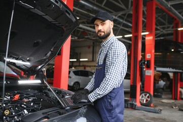 Fototapeta na wymiar Handsome Car Mechanic is Posing in a Car Service.