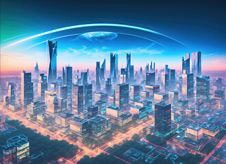 Futuristic, city of the future. Creative concept of a futuristic cityscape, skyscrapers, towers, tall buildings.