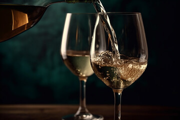 close up view of white wine from a bottle pouring into two wine glasses copy space with blue bokeh light background Generative AI