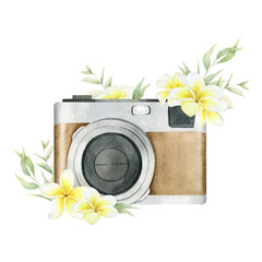 Vintage camera with wight flowers and green leaves . Brown photo camera. Watercolor hand drawn illustration. Isolated on white background. For logo, wrapping paper, postcards design